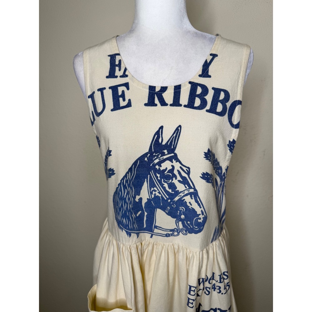 Feed Sack Dress Medium Blue Ribbon Horse Flour Upcycled Cottagecore Farmcore - Picture 10 of 16